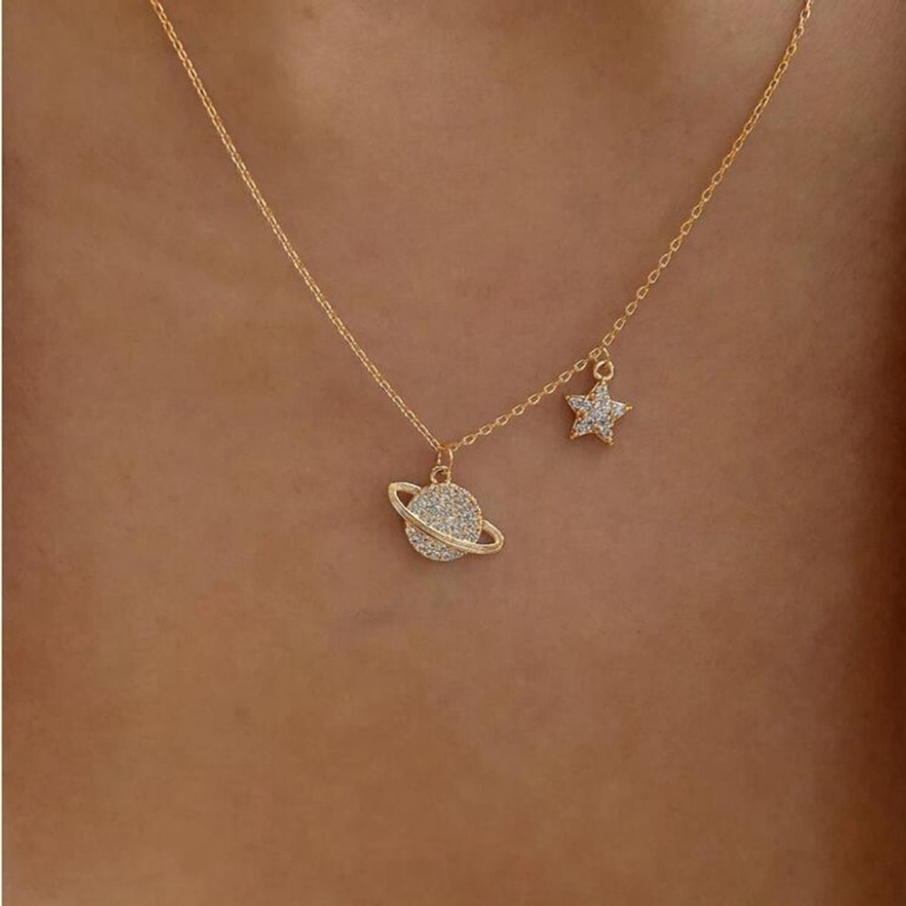 ⚠️Clearance Yellow Gold Rhinestone Planet Charm Necklace SS - Picture 1 of 5